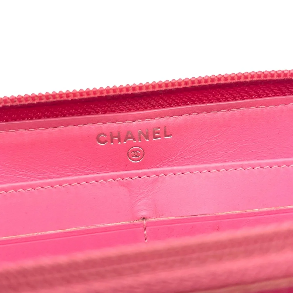 Authentic CHANEL CC Pink Pebbled Leather Zip Around Long Wallet W/ Chanel Card